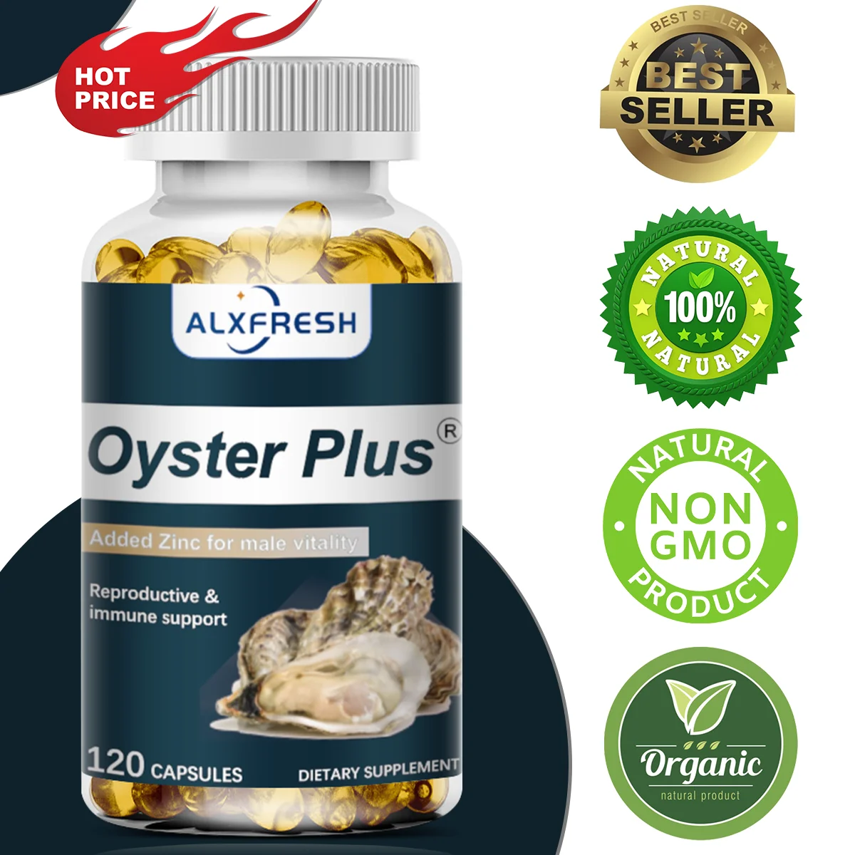 Alxfresh Oyster Plus Zinc for Natural Energy, Immune, Nerve System Supports Nutrients Supplement Highly Concentrated Capsules