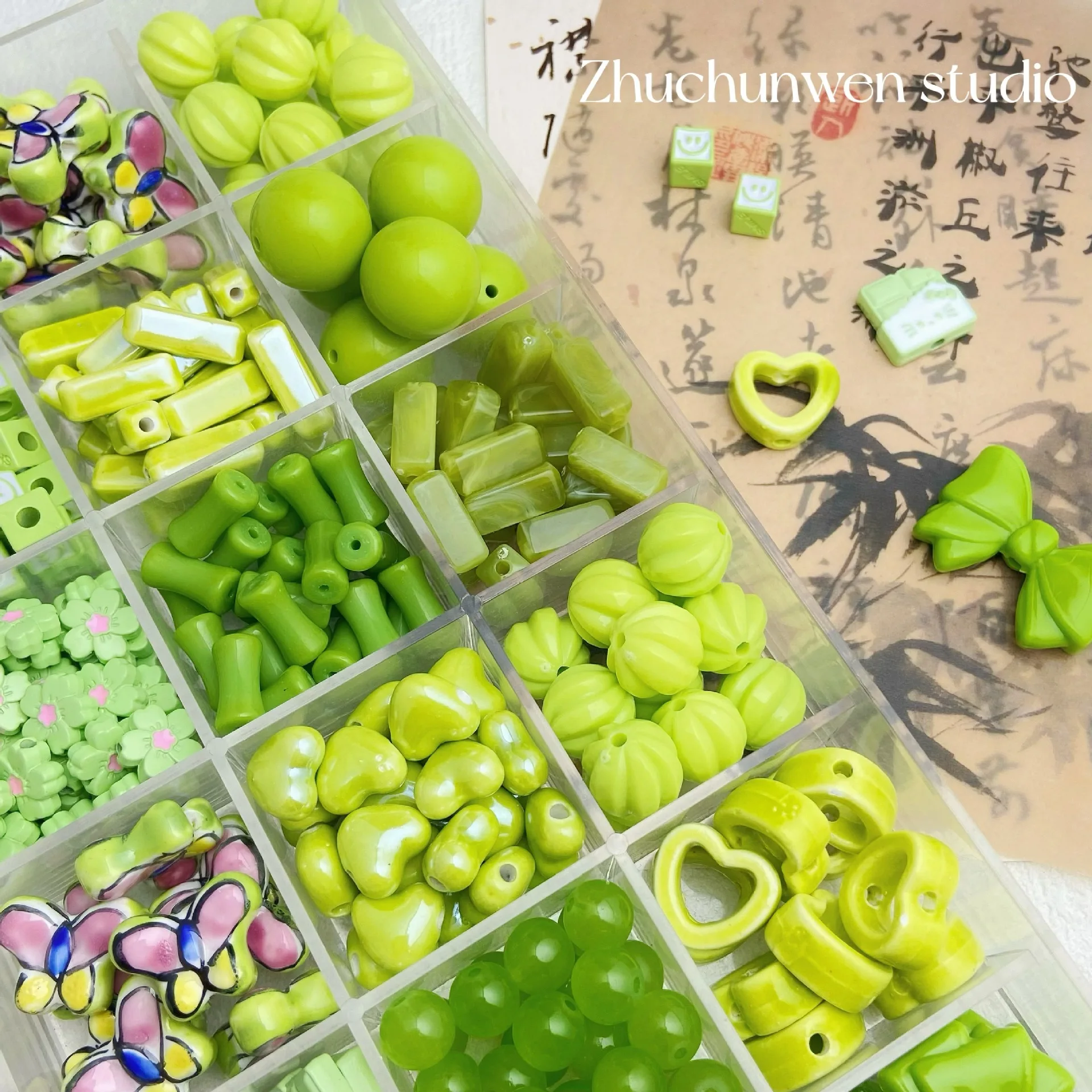 10 قطعة من الخرز الأصفر والأخضر، خرز فضفاض من سبائك الأكريليك، مادة مطرزة يدوية الصنع، سوار، سلسلة هواتف محمولة Acce #1