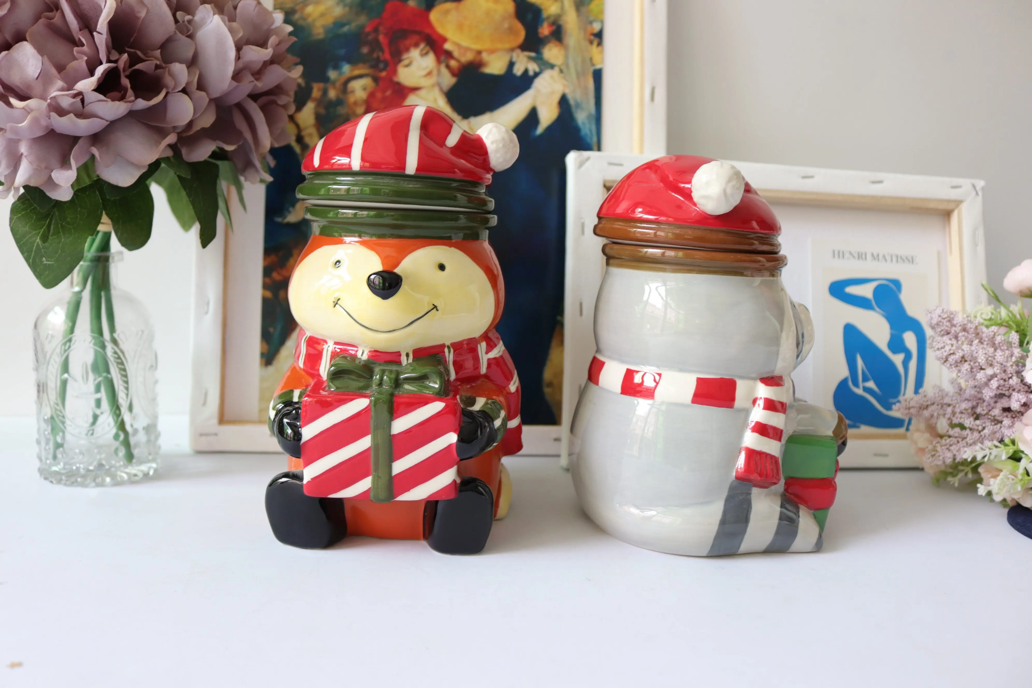 برطمانات سيراميك، برطمانات تخزين سيراميك منزلية ثلاثية الأبعاد مرسومة يدويًا، برطمانات حلوى، زينة هدايا عيد الميلاد، وإعطاء هدايا