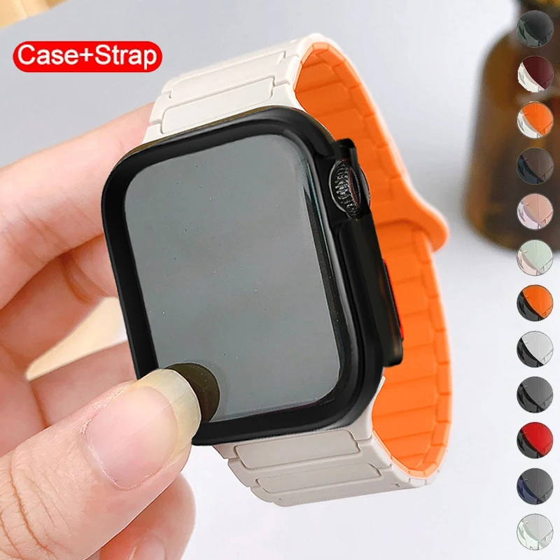 

Силиконовый ремешок + полный чехол из ТПУ, совместимый с Apple Watch 45 мм, 41 мм, 44 мм, 40 мм iWatch Series 9 8 7 6 5 4 SE