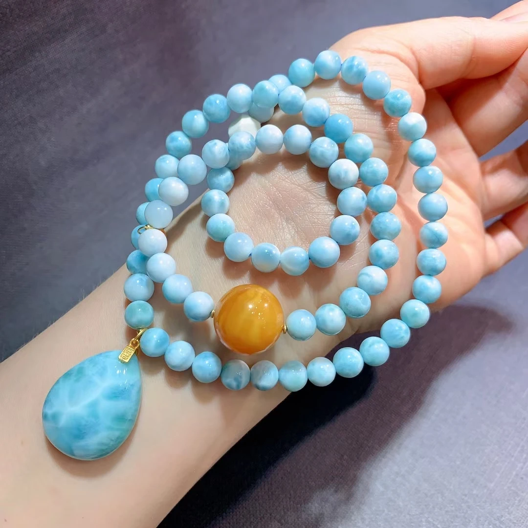 

Natural Blue Larimar 3 Laps Round Beads Bracelet Pendant Blue Larimar Bracelet 7.7mm Woman Men Fashion Jewelry AAAAAA