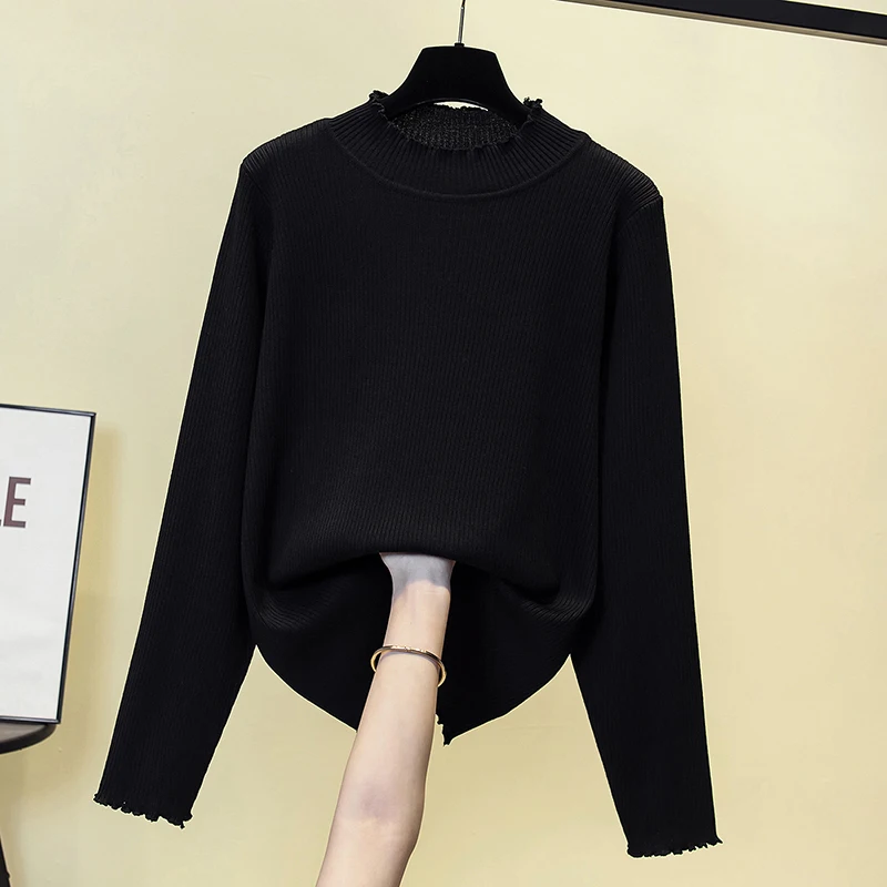 OVersized Thicken Sweater For Women Half High Collar Mesh Patchwork Long Sleeve Knitwear Tops Elegant Stylish Jumpers 2024