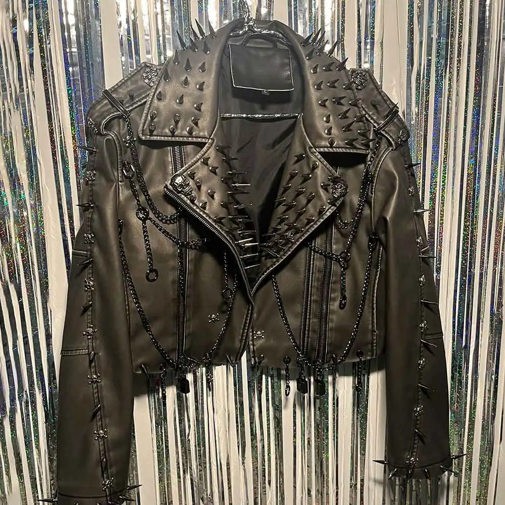 

Goth Coat Y2K PU Leather Jacket Gothic E-Girls 90s Grunge Punk Rock Emo Spike Studded Rivet Chain Trendy Harajuku Vintage