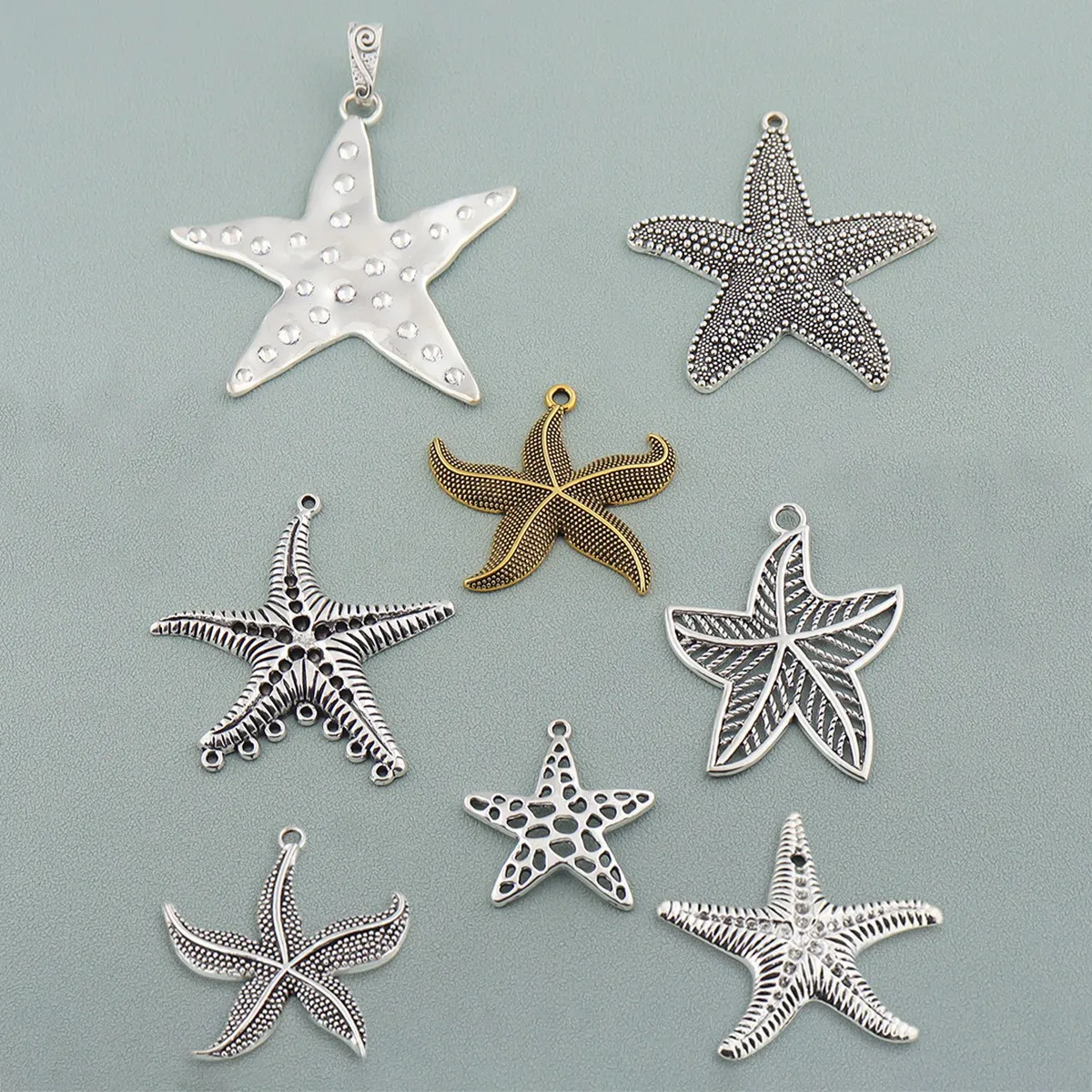 3 uds. Colgantes antiguos dorados/plateados con forma de estrella de mar grande para collar, accesorios para hacer joyas