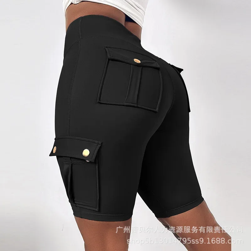 Bodycon Quick Dry Pocket Design Sports Yoga Shorts Women Y2k High Waist Lace Up Calf Length Pant Elegant Splice Sheath Trousers