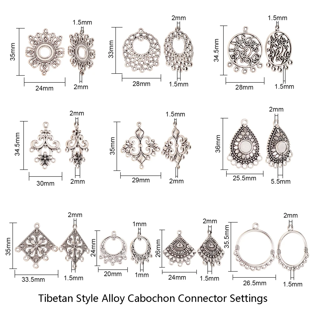 60pcs Mixed Styles Chandelier Charms Vintage Flower Shape Tibetan Connectors Antique Silver Filigree for Jewelry Making Earrings