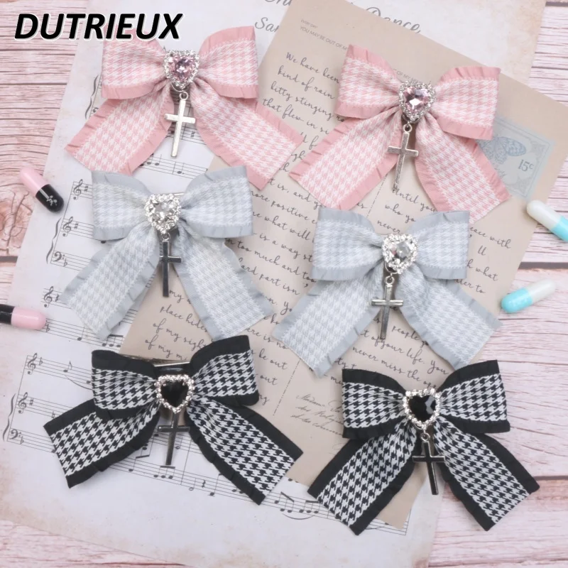 

Lolita Handmade Sweet Cute Hairclips Mine Houndstooth Hair Accessories Flounced Rhinestone Love Cross Pendant Side Barrettes