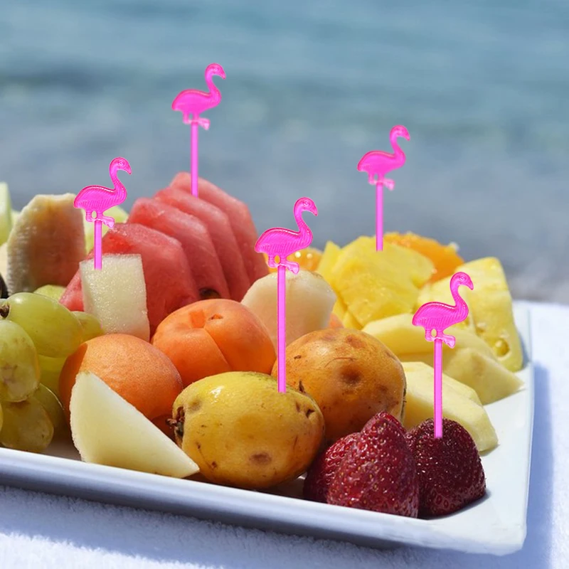 50/100pcs Flamingo Food Picks Buffet Cupcake Fruit Fork Cake Dessert Salad Sticks Cocktail Toothpick Skewer Summer Party Decor