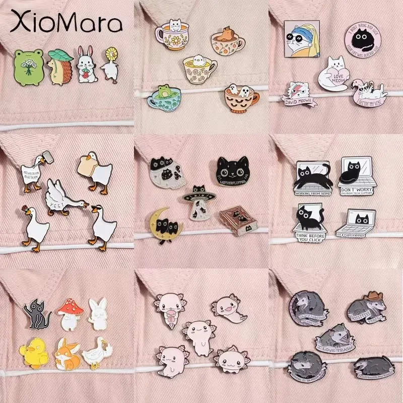 3-6Pcs/Set Animal Enamel Pins Cartoon Cat Duck Goose Opossum Creative Metal Brooches Lapel Badge Party Jewelry For Kids Friends