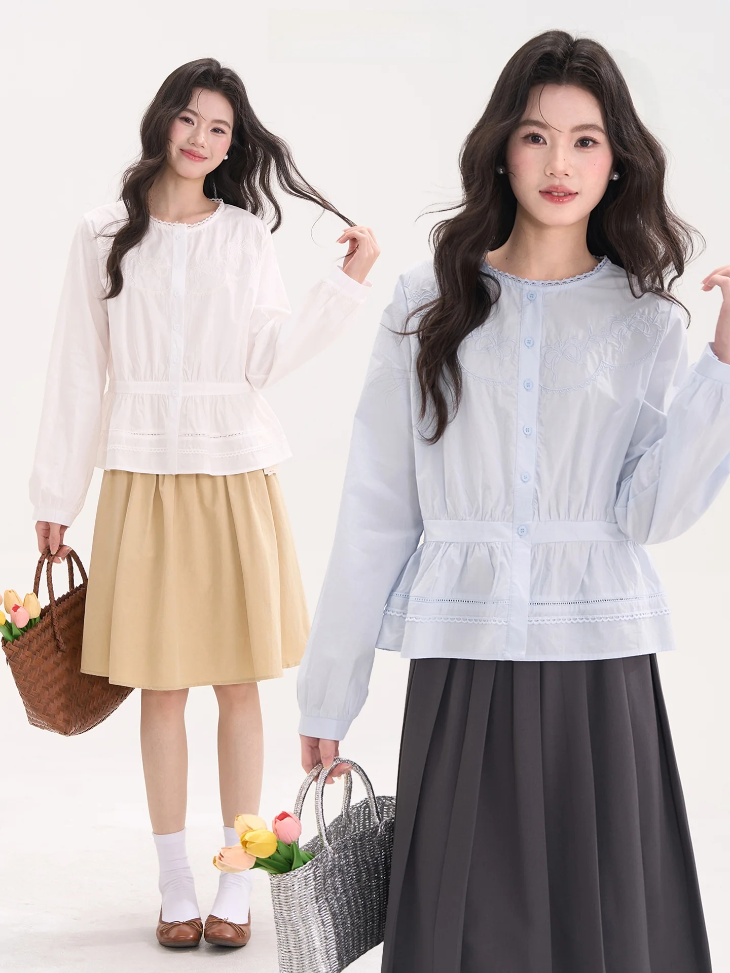 

Sweet Princ Sle Long Sve Cotton irt Women's Faion Spring Youthful Embroidered Lace Trim Blouse Heme Window Display