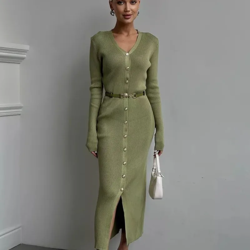 Robe tricotée col en v, simple boutonnage, boutonnée, tempérament élégant, pièce unique, Style sœur royale, Socialite, confortable