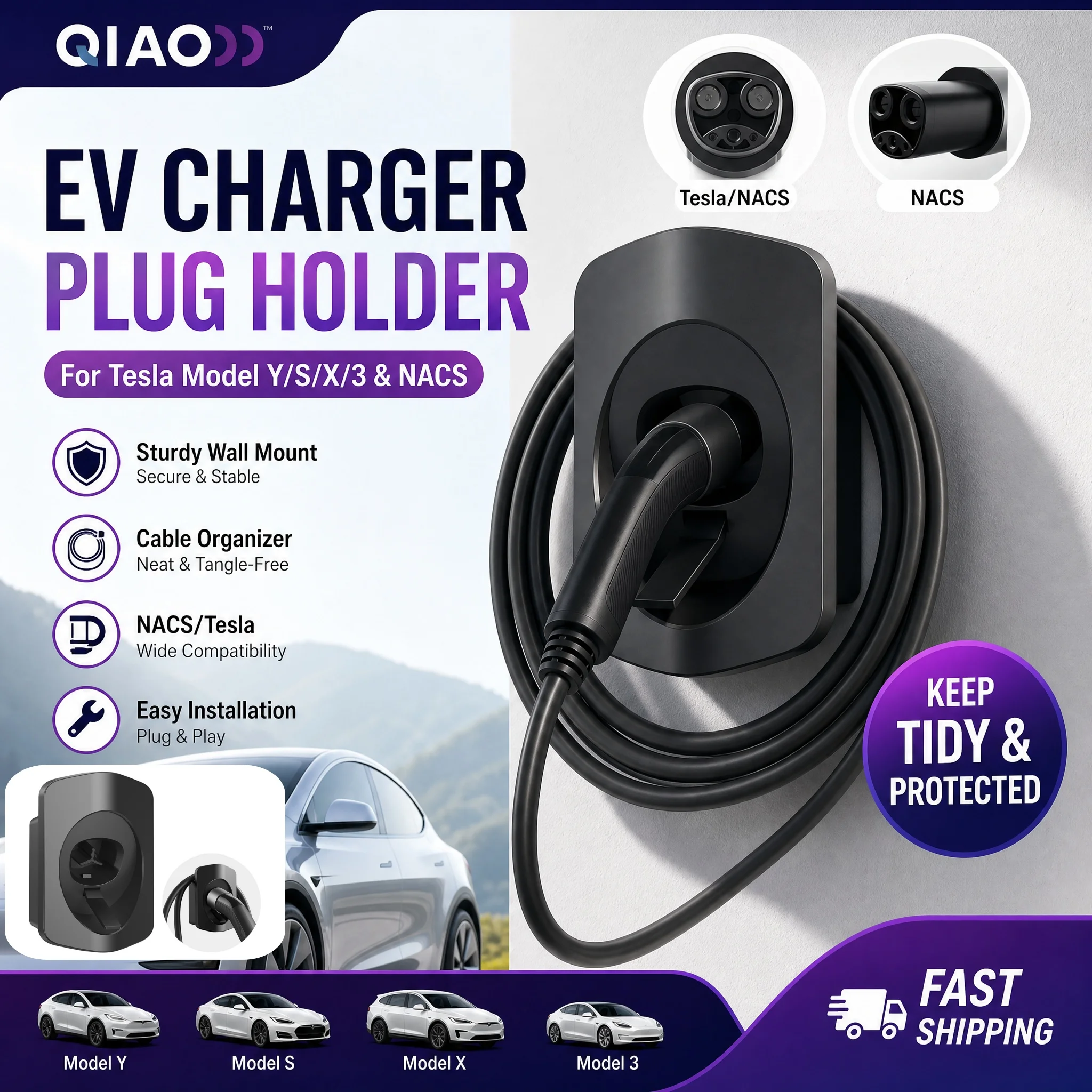 For NACS For Tesla Model Y/3/S/X 2-in-1 EV Charger Holder Wall Mount EV Charging Station Cable Organizer Bracket Nozzle Holster