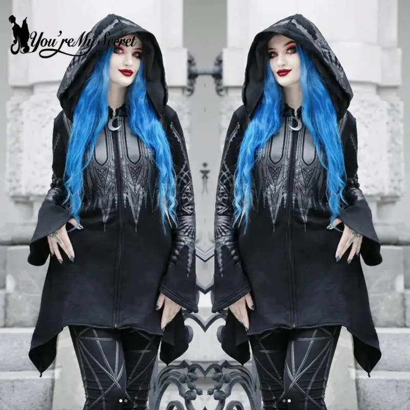 

[You're My Secret] Street Goth Punk Style Black Long Hooded Tops Harajuku Retro Dark Grunge Y2K Print Sweatshirts Ladies Tops