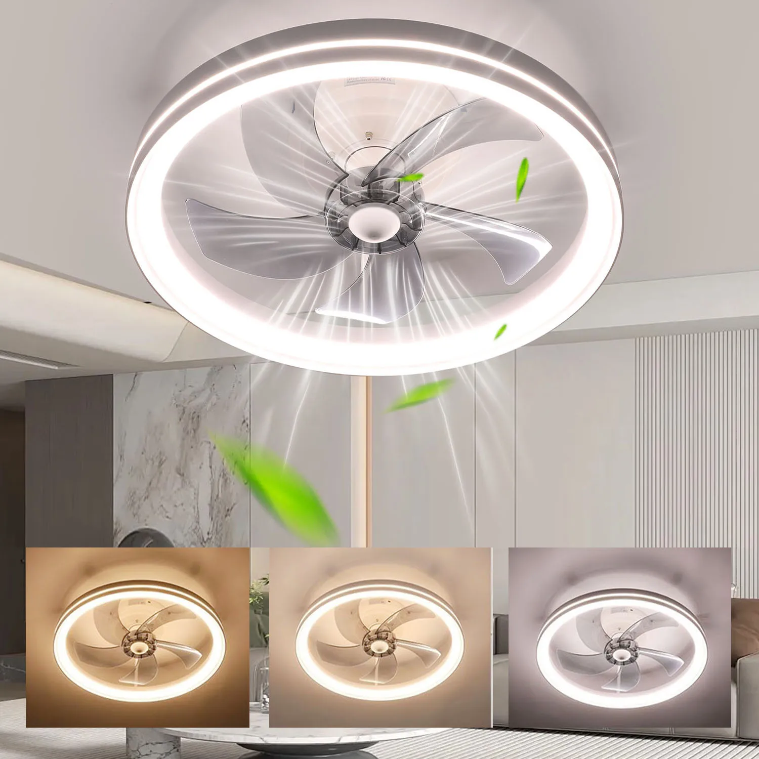 Ventilateur de plafond rond silencieux 46W avec éclairage, plafonnier LED 48cm avec ventilateur, ventilateur de salon à intensité variable avec télécommande
