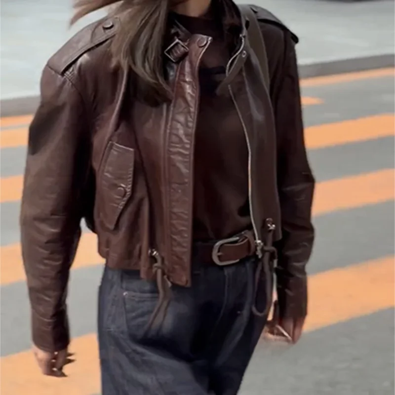 American High Street Sle ort cuero genuino Jaet mujer otoño motocicleta abrigo con Bule Vintage Top irt