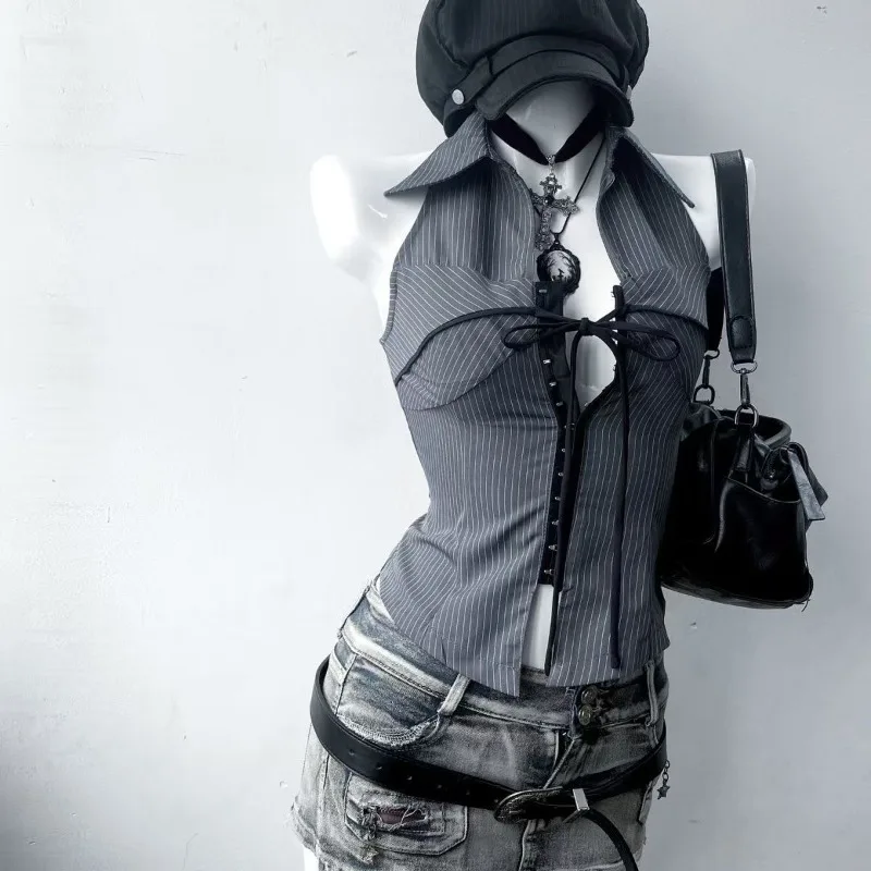 الأمريكية الرجعية مخطط سترة دون أكمام ثقافة فرعية بولو طوق سليم قميص الشارع خمر بلوزات على الموضة المرأة مثير هوتي الملابس