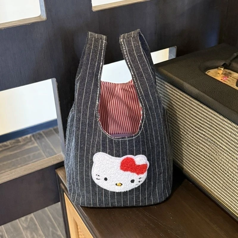 

New Hello Kitty shoulder handbag bag Cute new denim striped terry cloth handbag portable shoulder bag stylish design tote bag