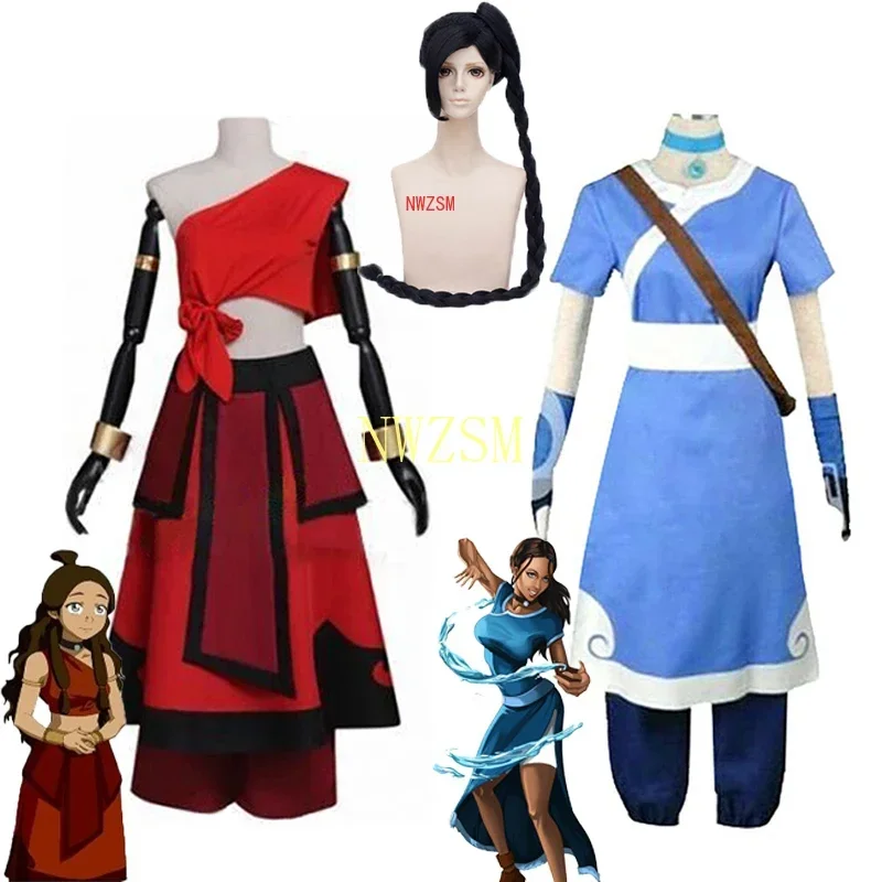 Anime Avatar The Last Airbender Katara Cosplay Costume And Wig Men Women Aang Zuko Cosplay Hanfu Uniform Outfit Halloween G4665