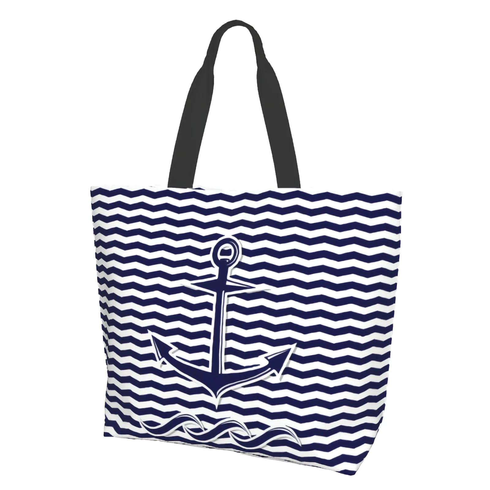 Abstract Anchor Symbol Extra Large Grocery Bag Blue and White Stripe Reusable Tote Bag Shopping Travel Storage Tote