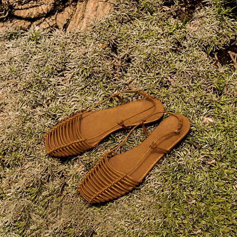 

Summer Woven Woman Sandals Vacation Beach Shoes Flats Hollowed Out Rear Strap Roman Sandalias Mujer