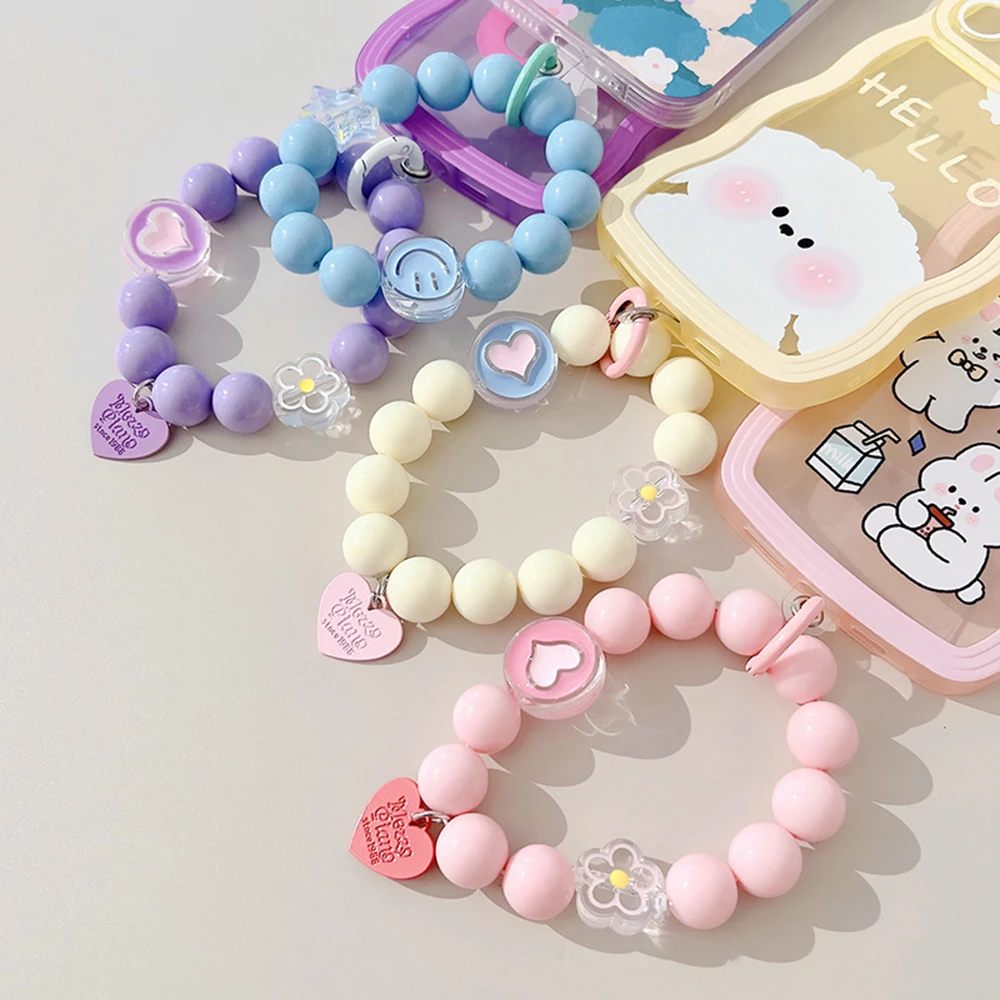Mobile Phone Lanyard Colorful Macaron Round Bead Phone Anti-lost Lanyard Key Short Wrist Pendant Pendant Women\'s Hand-held Chain