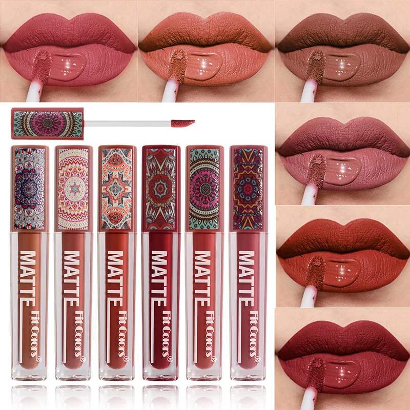 Lápiz labial mate de 6 colores, resistente al agua, textura de terciopelo, brillo de labios líquido, estilo bohemio, marrón tierra, taza antiadherente duradera, maquillaje de labios