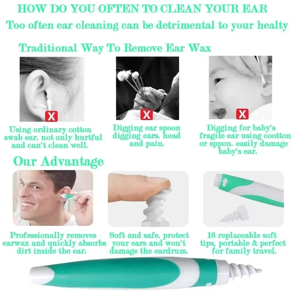 Ear Cleaner Spiral Ear Stick Soft Silicone Cleaning Wax Swab Pick Tool Set 16pcs Ear Wax Removal Tool Ear Cleaning Stick