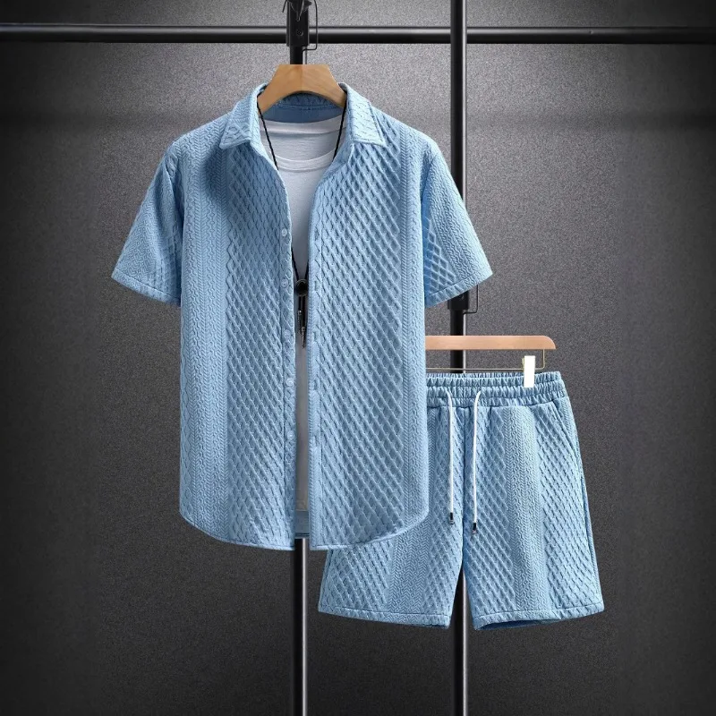 Men's Textured 2 Piece Outfit Short Sleeve Shirt and Drawstring Shorts Set view 3