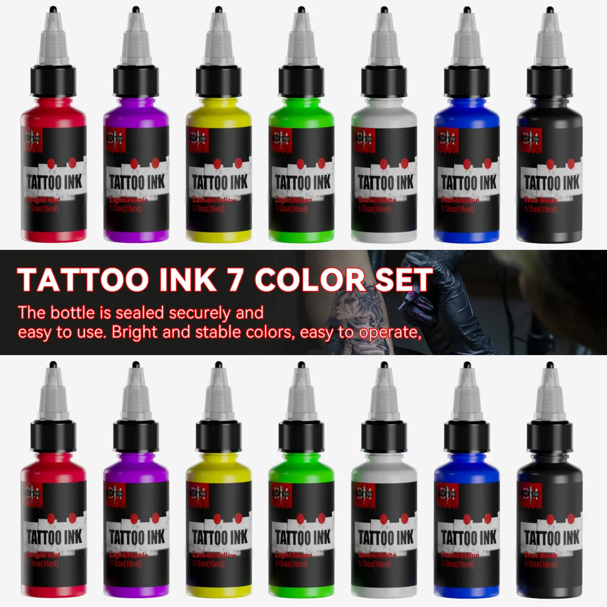 DM 15ml 7 สีสักหมึกสีกล่อง Body Art Tattoo Kit Professional ความงามสีแต่งหน้า Tattoo อุปกรณ์กึ่งถาวร