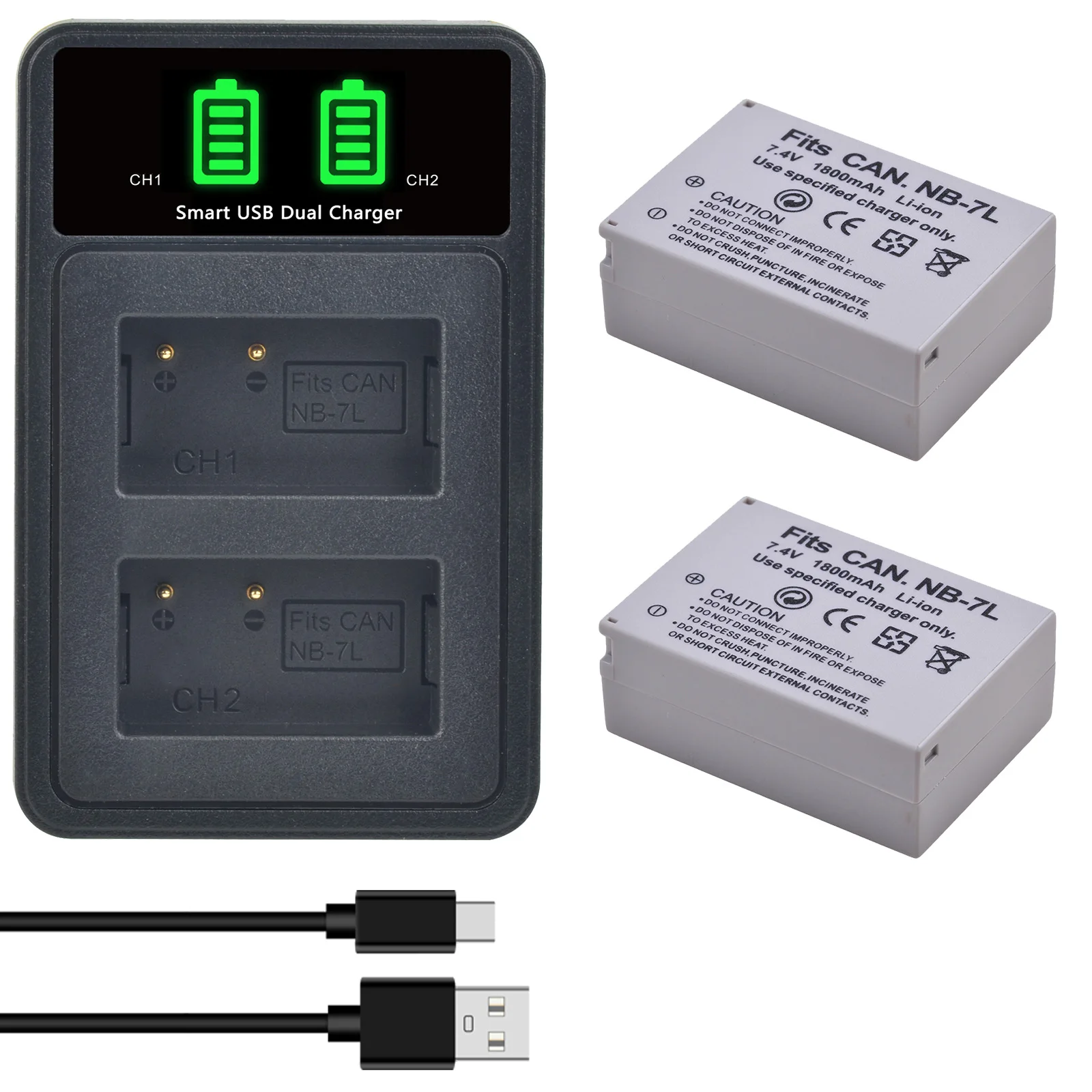 NB-7L NB7L Battery + LED Dual Charger Type C Port for Canon PowerShot G10 G11 G12 SX30 CB-2LZE Camera NB7L Battery 1800mAh
