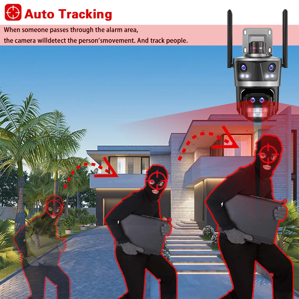 16MP 8K WiFi IP Camera Outdoor Four Lens Four Screen Security Camera Auto Tracking 8X Zoom CCTV  ICsee Surveillance