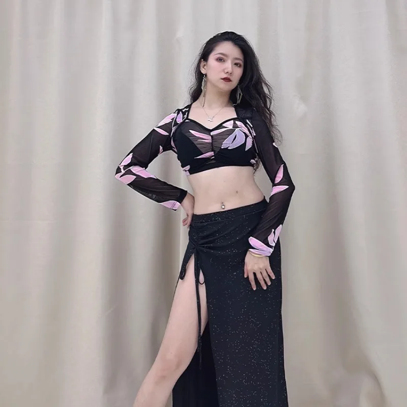customized belly dance costumes practice outfit black powder leaf mesh long sleeved top silver sprinkled long skirt plus size