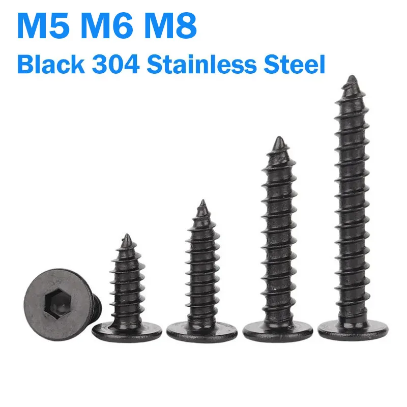 Innensechskantschraube M5 M6 M8 Schwarz 304 Edelstahl Superdünne Innensechskant-Flachkopf-Blechschrauben L:10-80mm