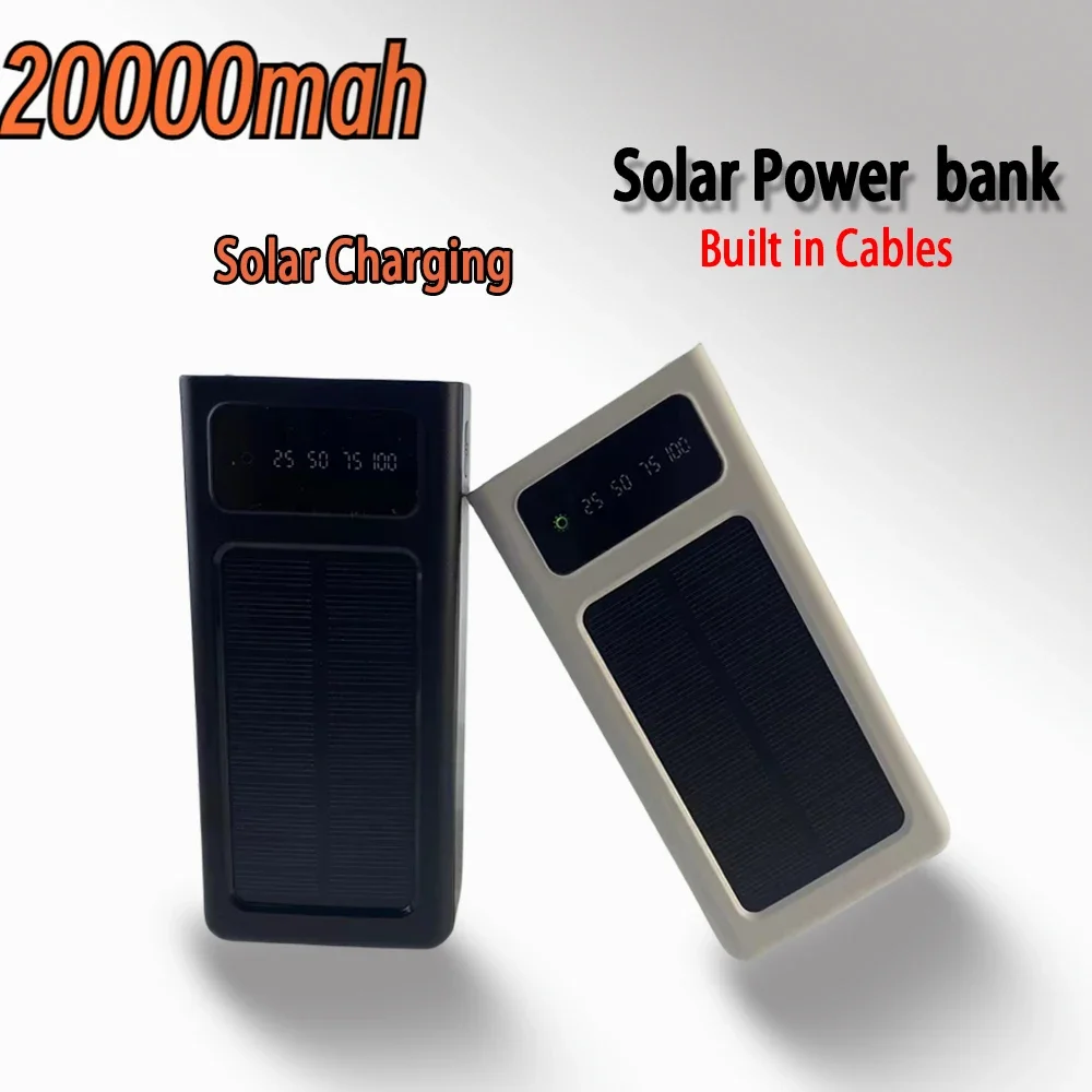 20000mAh Solar Power Bank with 4 Cables Portable Charger LED Digital Display Powerbank External Battery Pack Poverbank for Phone