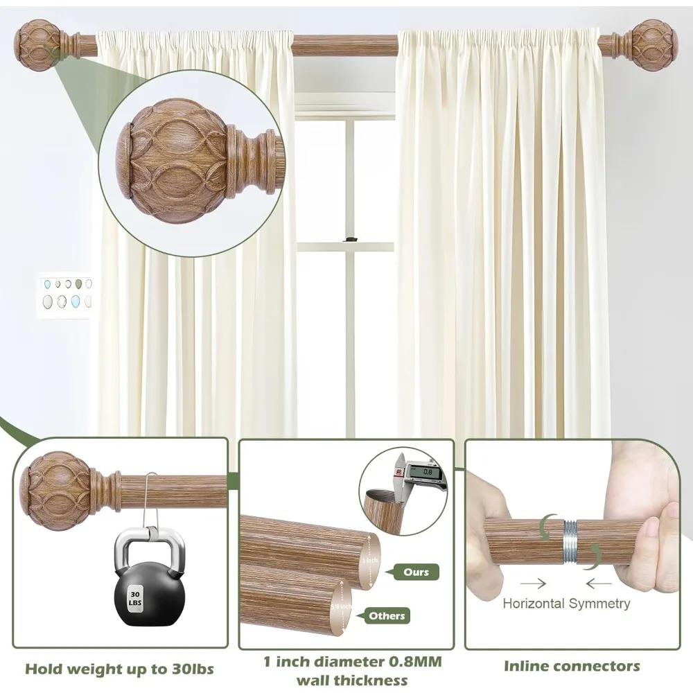 

2 Pack Wood Curtain Rods 66 to 120 Inch,1 Inch Adjustable Long Curtain Rod,Netted Texture Window Curtains Rods