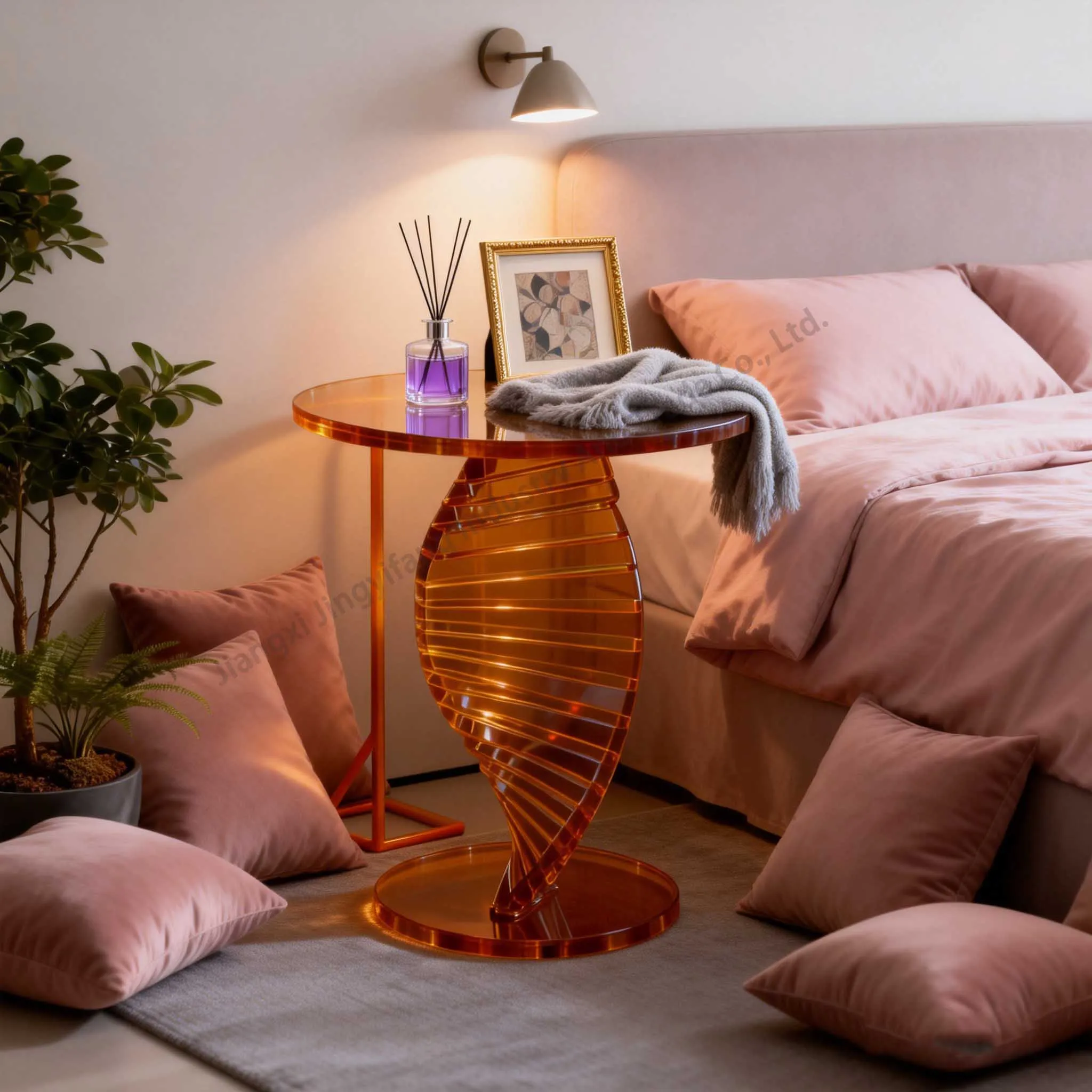 Custom Acrylic Orange Portable Coffee Table Amber Round Office Side Table, Easy To Assemble, Suitable For Bedroom Balcony Furnit
