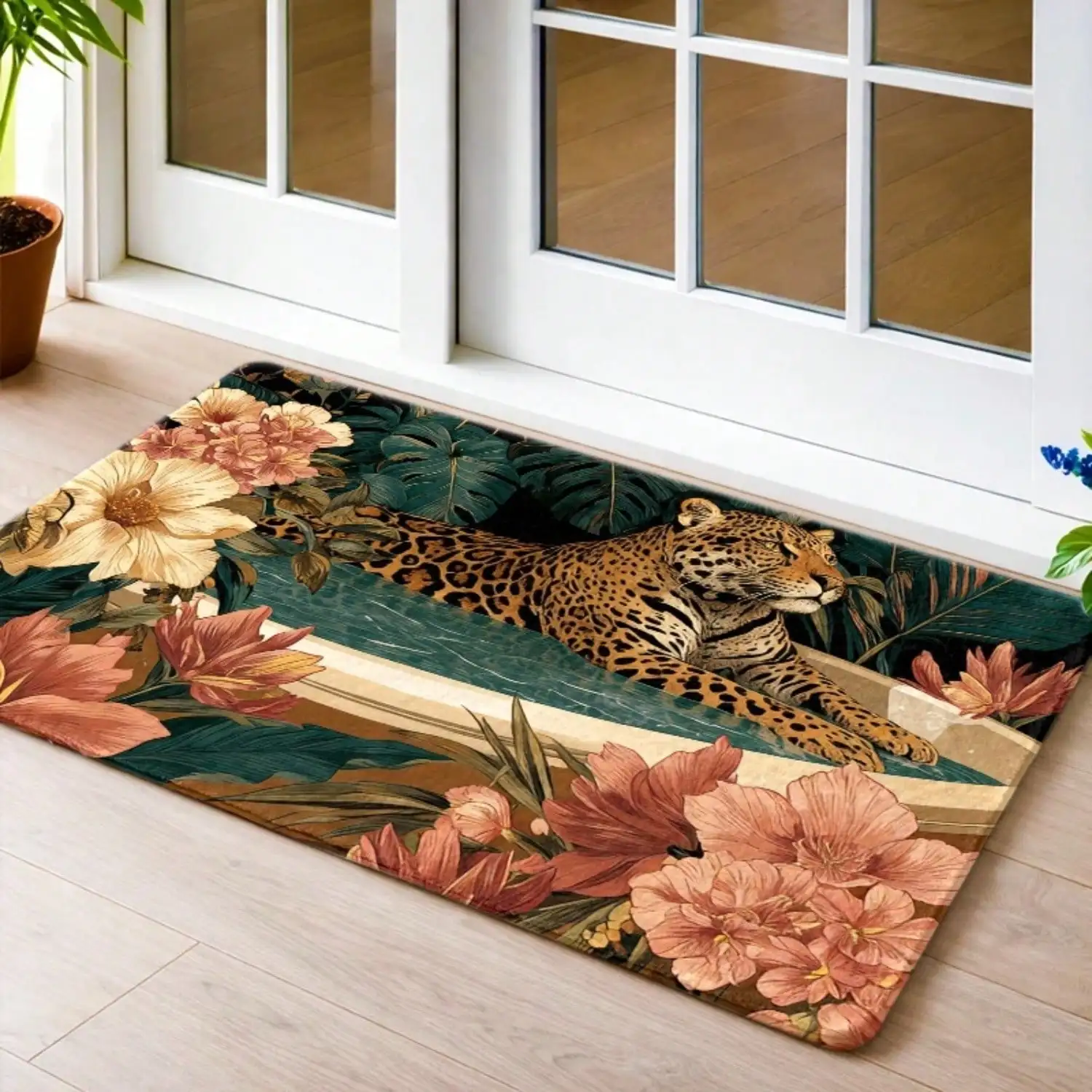 1pc Flannel Doormat With Non-Slip Rubber Back | Tropical Rainforest Leopard Art Pattern, Durable, & Machine-Washable, Versatile For Indoor & Outdoor Use