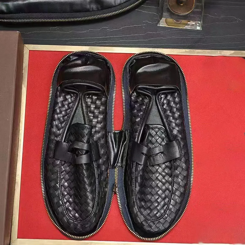 Hand-woven Loafers Black Oxford Shoes Genuine Leather Classic Style Dress Leather Shoes  Casual Round Toe Formal Shoes Men New