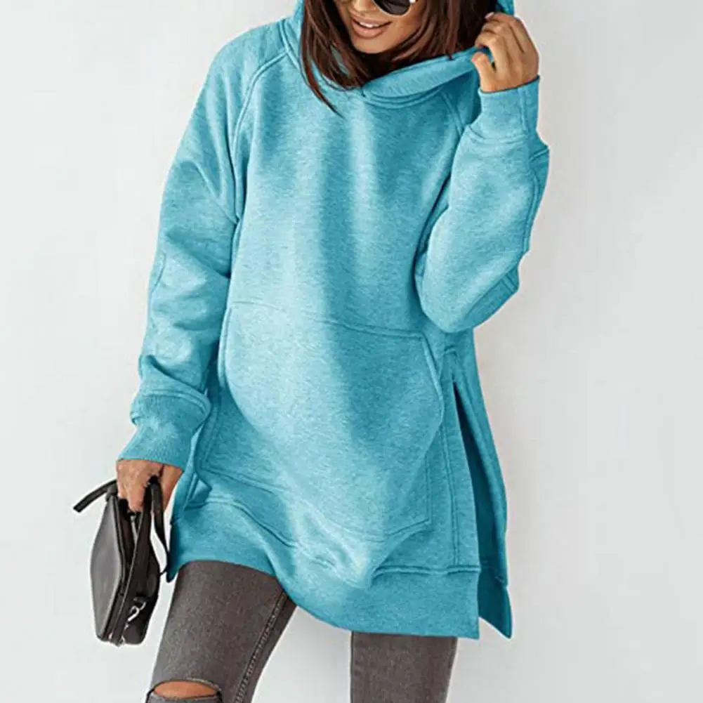 

Women Winter Hoodie Side Split Long Sleeves Hooded Streetwear Hat Pocket Thick Warm Pure Color Spring Hoodie For Daily Wear