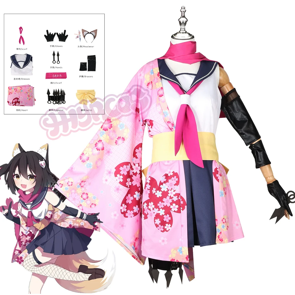 

Синий архив, косплей Kuda Izuna, карнавальный костюм, милое кимоно с принтом, униформа, парик Halo, женский костюм для ролевых игр на Хэллоуин