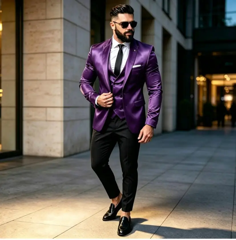 Luxury Purple Satin Men Suit 3‑Piece Jacket+Vest+Black Serge Trousers Slim Fit Groom Tuxedo Prom Formal Business Outfit For Male