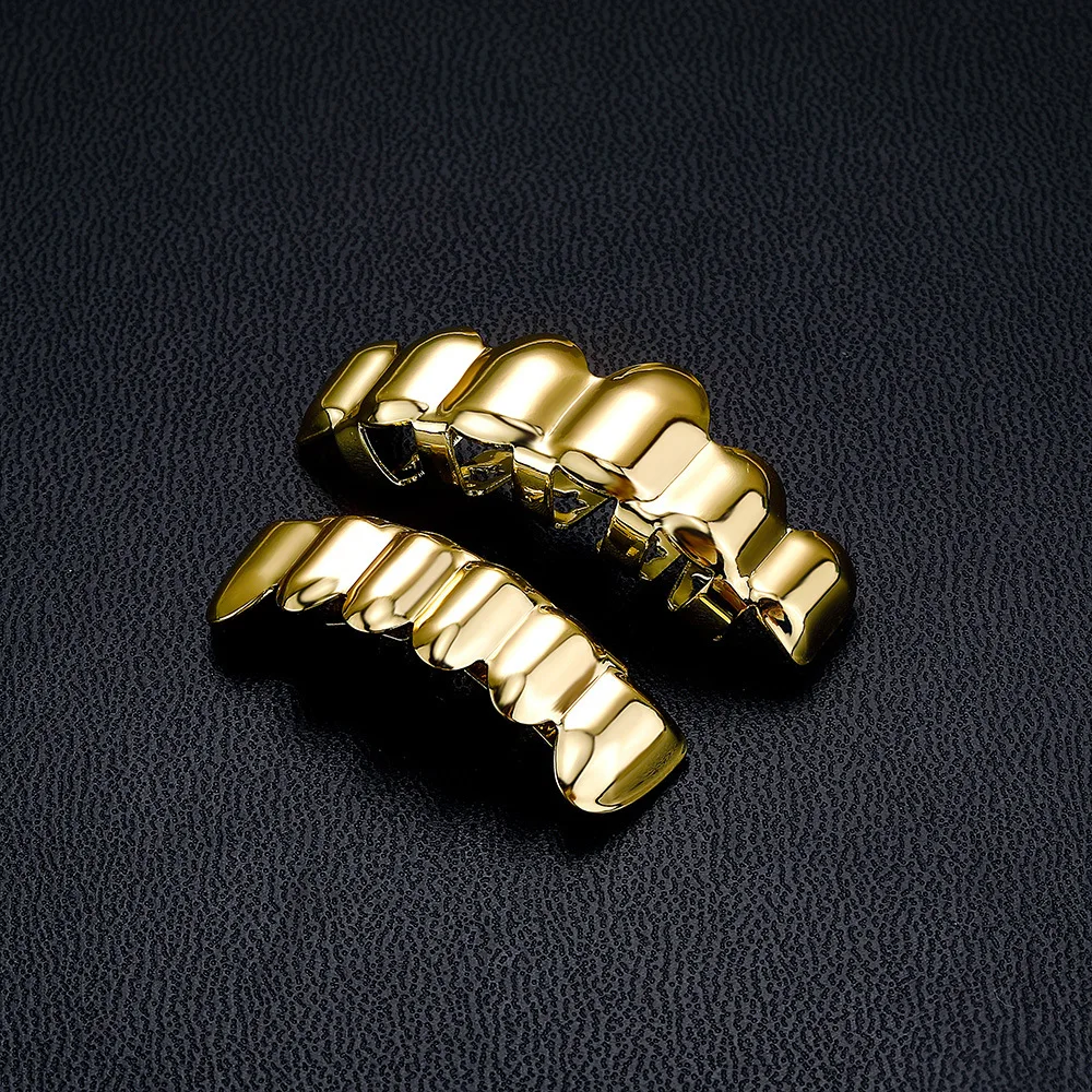 6 Teeth Gold Silver Grillz Set Men Women Copper Upper Lower Tooth Caps Mirror Polished Hip Hop Rapper Dental Jewelry Accessories