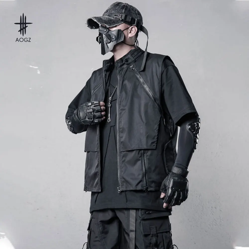 

AOGZ уличная одежда в стиле хип-хоп, мужской жилет без рукавов на молнии, куртка-карго, жилет, осенняя техническая одежда, черная свободная верхняя одежда, функциональный дизайн