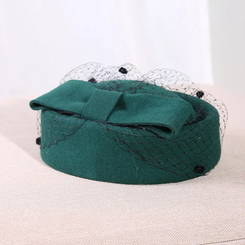 Women Wool Bow Hat with Veil, Cashmere Stewardess Cap for Winter,Celebrity Style Party Wedding Fascinator Hat for Women Ladies