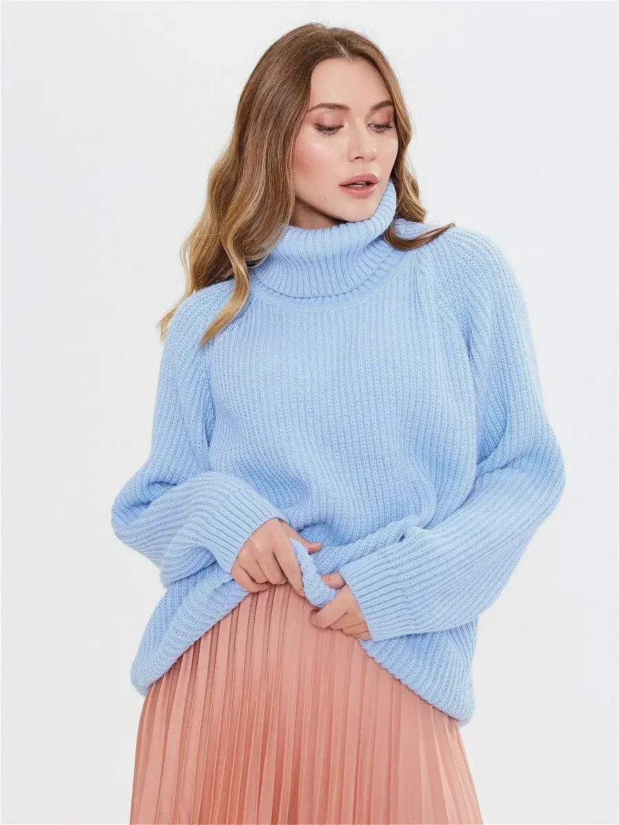 Women Blue Red Colorful Sweaters Winter Oversized Pleated Sweater Loose Turtleneck Knit Top Knitted Pullover Vintage Knitwear