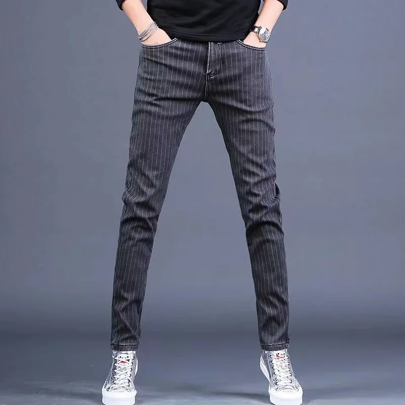 

Весенне-осенние молодежные джинсы в полоску, мужские модные брендовые джинсы слим-фит, прямые брюки на резинке, повседневные, со средней/низкой талией, на молнии