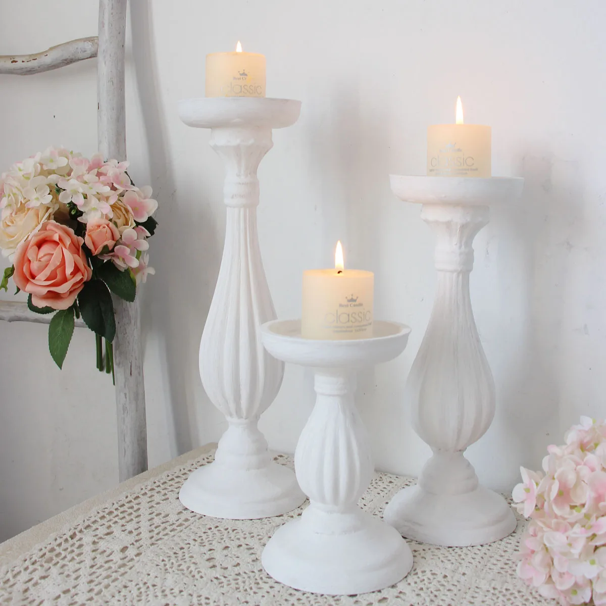 White Wooden Candle Holder Rustic Natural Wood Candelabra Home Decor Wedding Birthday Party Christmas Festive Table Decoration