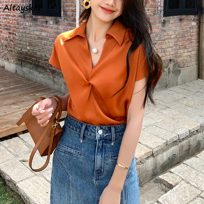 

Pure Chiffon Blouses Women Short Sleeve Criss-cross Design Korean Style Elegant Ladies Commuting Temperament Chic Simple Stylish