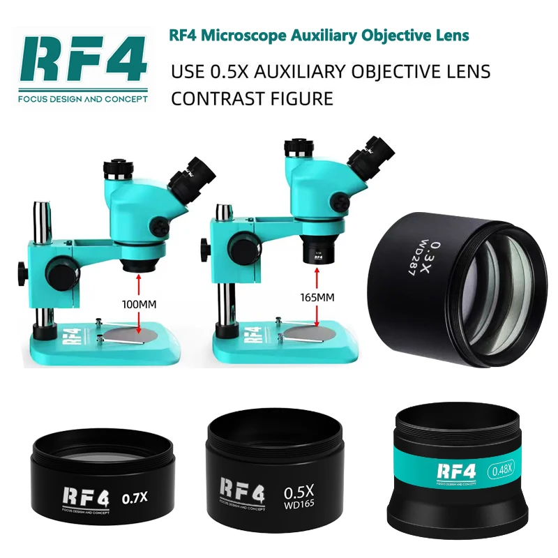 RF4 WD165 0.5X 0.7X 0.48X 0.3X Auxiliary Microscope Objects Lens for Trinocular Stereo Zoom Barlow Camera Glass Lens Tools