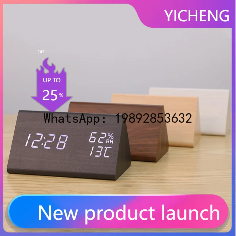 Wooden triangle led alarm clock desktop digital thermometer wooden digital desktop clock